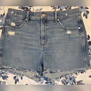 Express 90s High Rise Denim Shorts Size 12 Distressed Raw Hem Light Wash